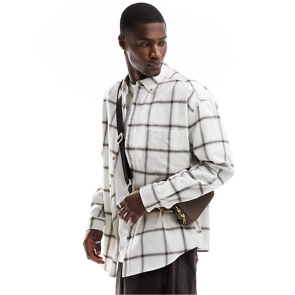 ASOS DESIGN 90s Oversized Fit Shirt in 3XL Color Ecru Windowpane Check